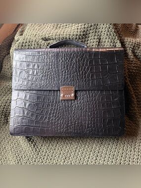 Black Croc-Embossed Leather Briefcase with Combination Lock
